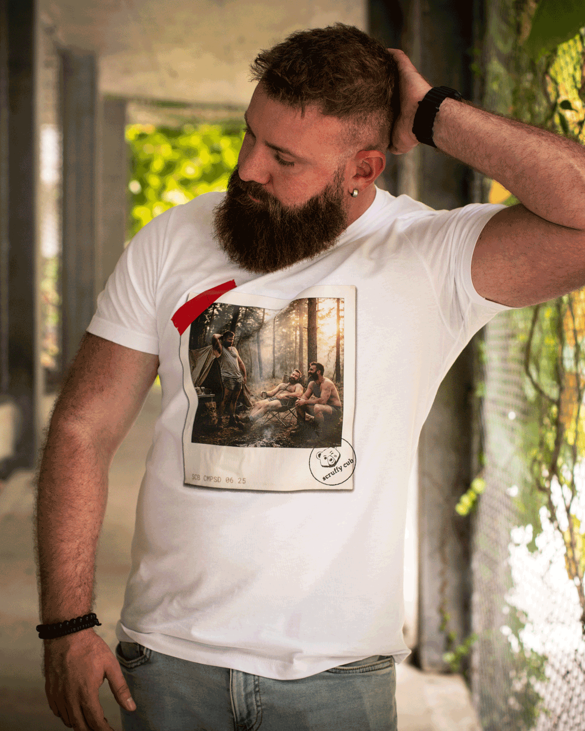 Scruffy Cub Composed white men’s graphic T-shirt from the Contrast Collection, worn by a bearded male model