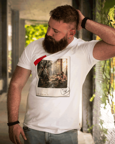 Scruffy Cub Composed white men’s graphic T-shirt from the Contrast Collection, worn by a bearded male model