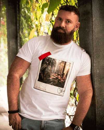White Scruffy Cub Composed graphic T-shirt for men, bear fashion from the Contrast Collection photographed outdoors