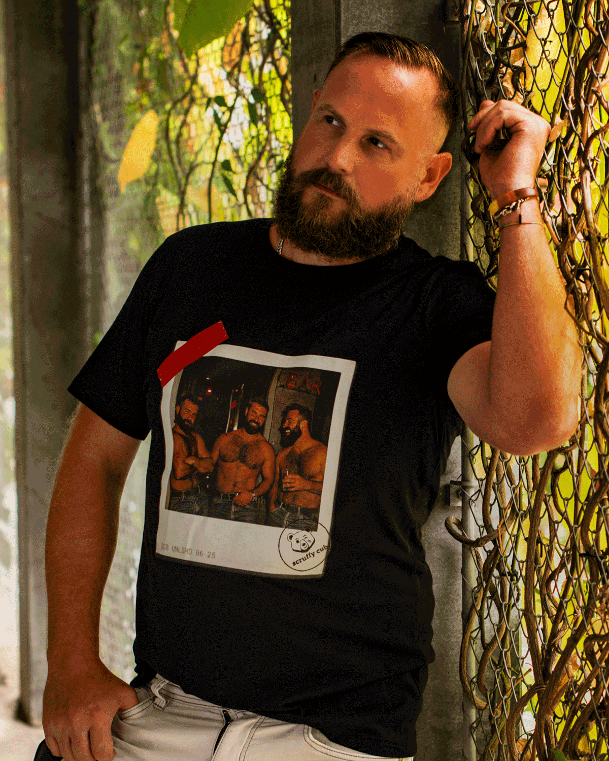 Black Scruffy Cub Unleashed graphic T-shirt for men, bear-inspired clothing from the Contrast Collection