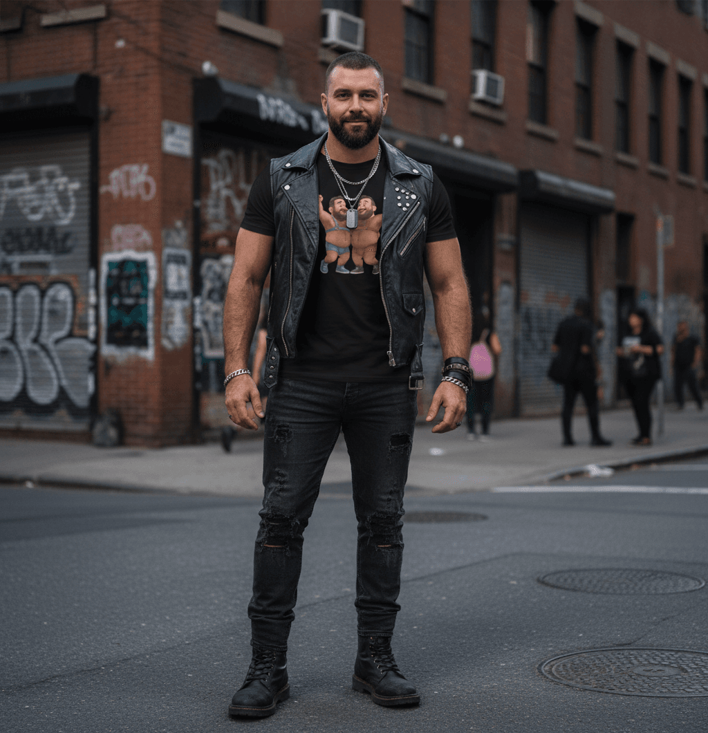 Scruffy Cub Fetish Outfit: Leather vest, dark Jeans, Boots and Scruffy Cub Tee.